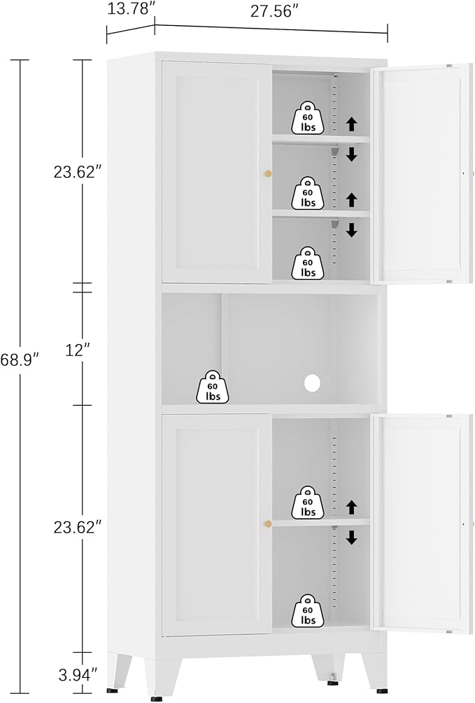 Metal Storage Cabinet, 69" Tall Bathroom Cabinets with 4 Doors & 3 Adjustable Shelves Large Cupboard, White Metal Pantry Cabinets for Kitchen, Home Office, Garage, Warehouse
