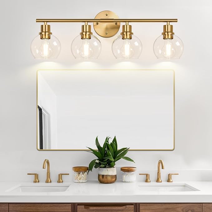 4-Light Bathroom Light Fixtures 2024 Upgrade, Gold Modern Vanity Lights Over Mirror with Clear Glass Globe Shade, Bathroom Wall Sconces for Mirror Kitchen Living Room Hallway Cabinet Bedroom Porch