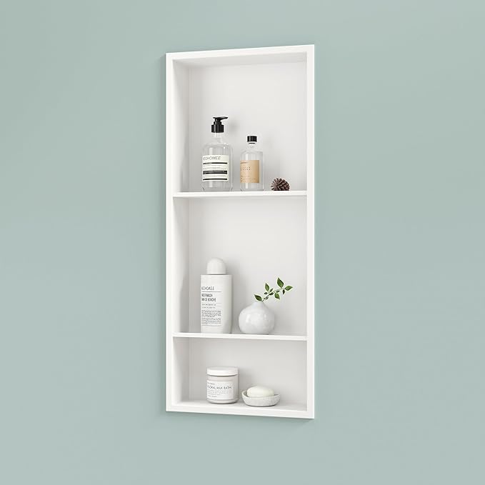 Neodrain 12X30 Inch White Three Layers Stainless Steel Shower Niche, NO Tile Needed Recessed Niche Shelf for Bathroom Storage, 3-Tier Recessed Built-in Wall Niche