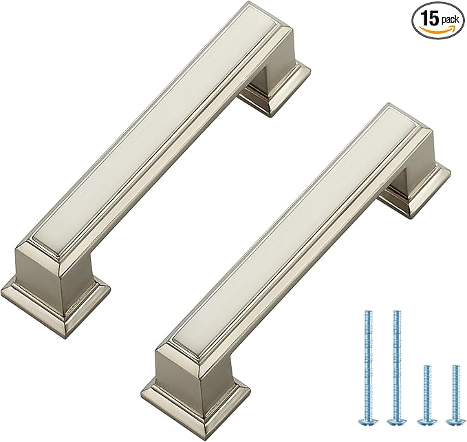 Ravinte Hardware 15 Pack Brushed Nickel Cabinet Pulls, 3 Inch (76mm) Hole Center Zinc Alloy Drawer Handles for Kitchen Cabinets, Cupboards, Dressers, Square Solid Metal Hardware