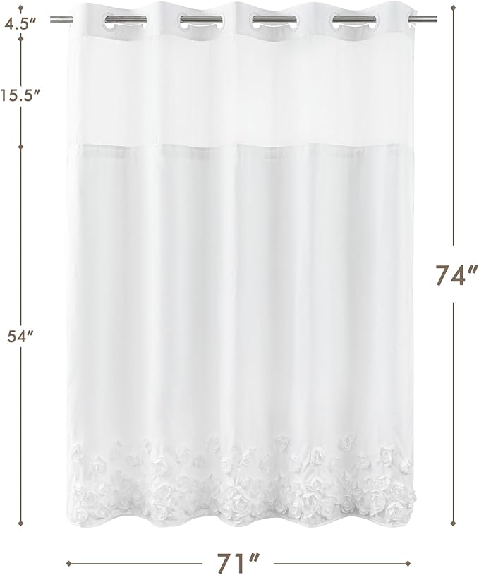 ROSERY No Hook Shower Curtain with Snap in Fabric Liner Set, Boho Farmhouse Shower Curtain for Bathroom with Applique Flower Buds Ribbon Bottom, Floral Pattern, 71" W x 74" L