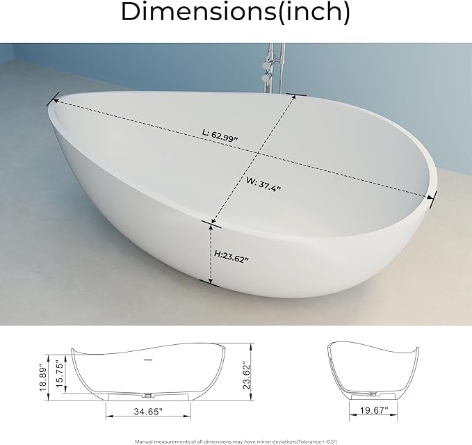 Premium Upgraded 63" Solid Surface Freestanding Bathtub, Unique Oval Stone Resin Tub with Overflow and Pop-up Drain, Matte White
