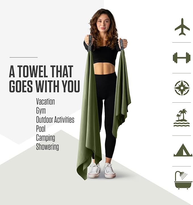 VENTURE 4TH Quick Dry Towel. Microfiber Travel Towel Ideal for Camping, Hiking, Backpacking, Gym. Lightweight & Fast Drying Travel Towels for Body. Compact & Easy to Pack - Army Green Extra Large