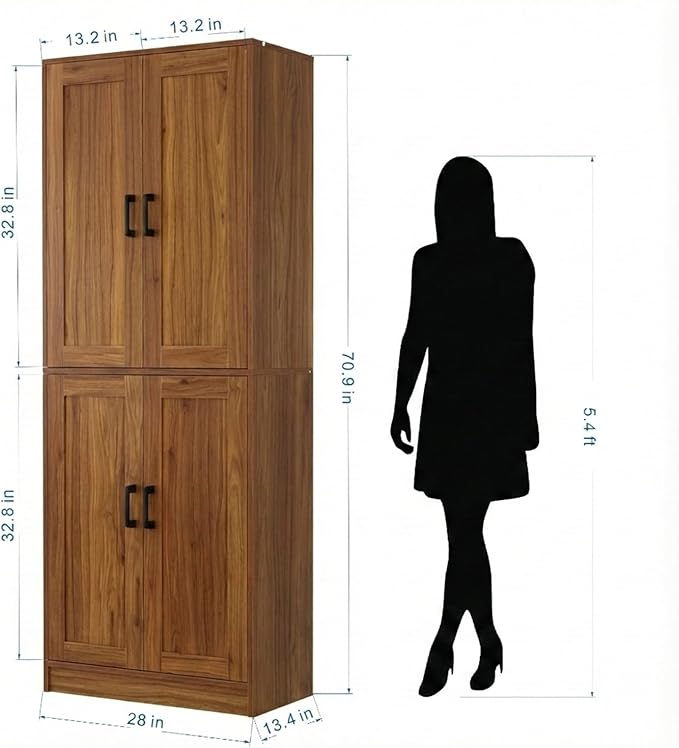 71" Tall Kitchen Pantry Cabinet, Freestanding Food Storage Organizer with Doors & Adjustable Shelves, Large Utility Hutch Cupboard for Dining Room, Living Room, Bathroom & Home Office, Brown