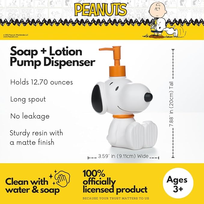 Peanuts Snoopy Soap/Lotion/Hand Sanitizer Resin Pump Dispenser, 12.70 Ounces, (Officially Licensed Product) by Franco Collectibles