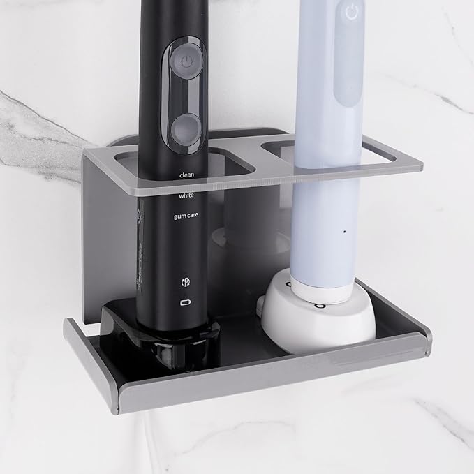 Electric Toothbrush Holder Wall Mounted, Electric Toothbrush Cord Organizer Holds 2 Chargers, Self Adhesive Electric Toothbrush Stand for Bathroom, Medicine Cabinet, Dorm(Grey)