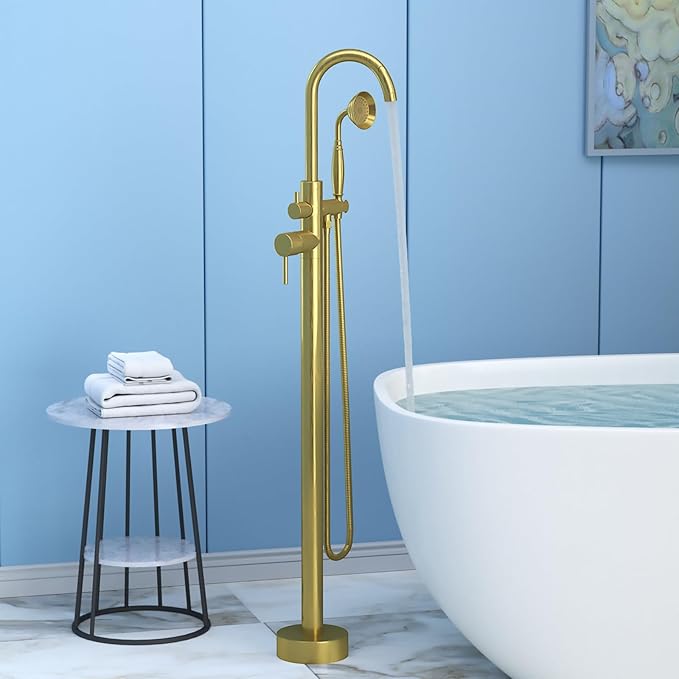 Freestanding Tub Filler Brushed Gold Floor Mount Bathtub Faucet Bathroom,Rough-in Valve 2 Function Handshower for Tub Rinsing Bathing,Anti-Wobble Base,Telephone-Shape Handheld