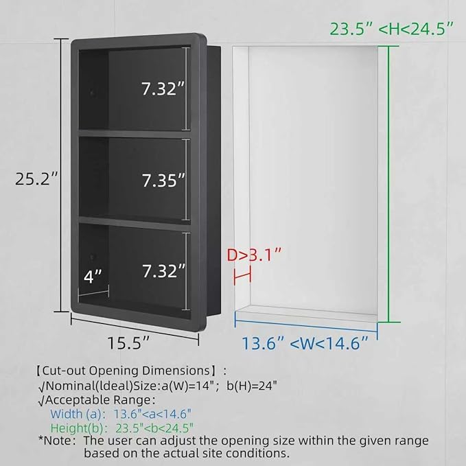 Recessed Medicine Cabinet No Mirror - 14x24 Bathroom Storage Wall Cabinet with 2 Shelves, 304 Stainless Steel Shower Niche, Matte Black Waterproof for Bathroom, Toilet, Vanity
