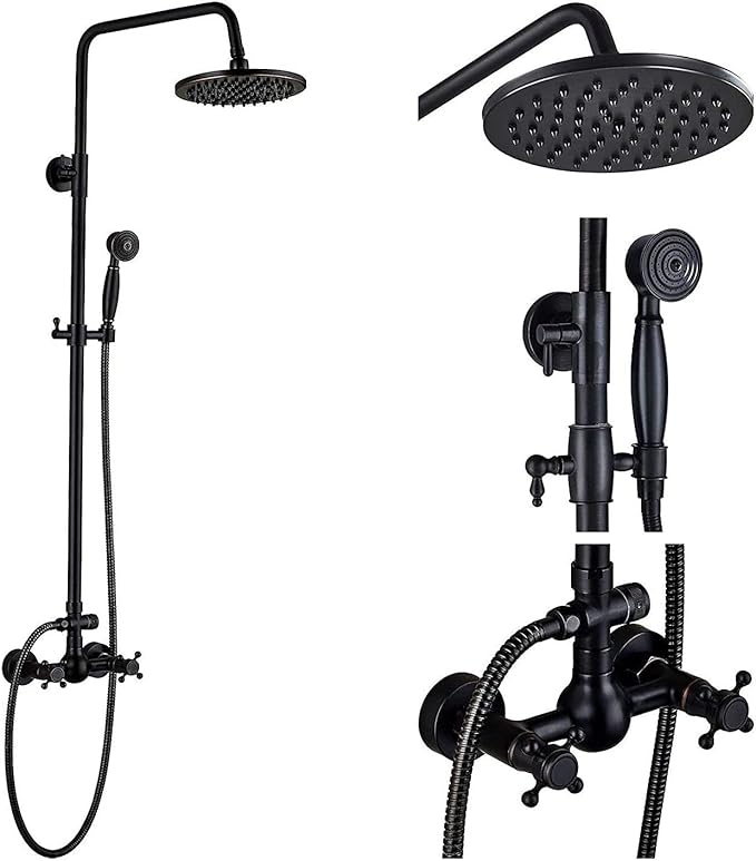 NeierThodore Luxury ORB Bathroom Shower Faucet Dual Handles Wall-Mounted Shower Mixer Taps 8" Rainfall Shower Head Ceramic Handheld Sprayer Oil Rubbed Bronze