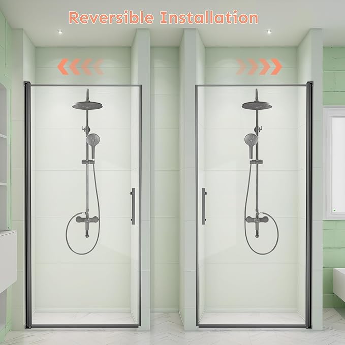 34" Wx72 H Frameless Reversible Pivot Shower Door, 1/4" Clear SGCC Tempered Glass & Shatter Proof Film, 304 Stainless Steel Hardware, Water Protection Seal Stripes Plus Glass-Fixing Aluminum Stripe