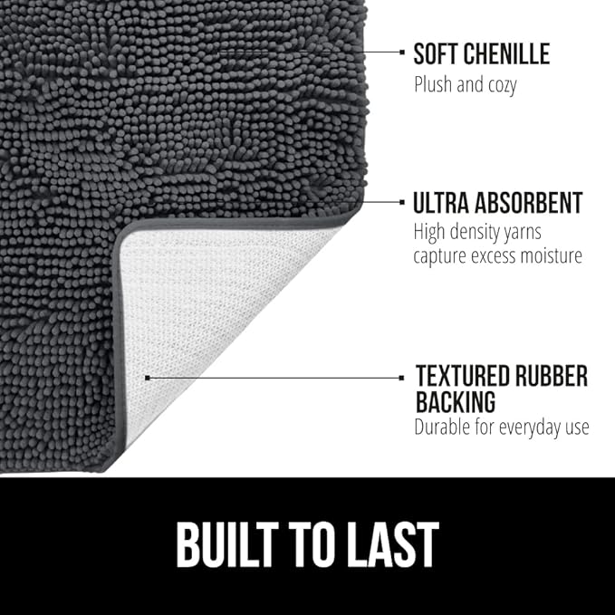 GORILLA GRIP Bath Rug Mat 48x17, Soft Absorbent Chenille, Quick Dry Microfiber Mats, Rubber Backing Washable Shower Floor Rugs, Bathmat Runner, US Designed Bathroom Home Decor Accessories Charcoal