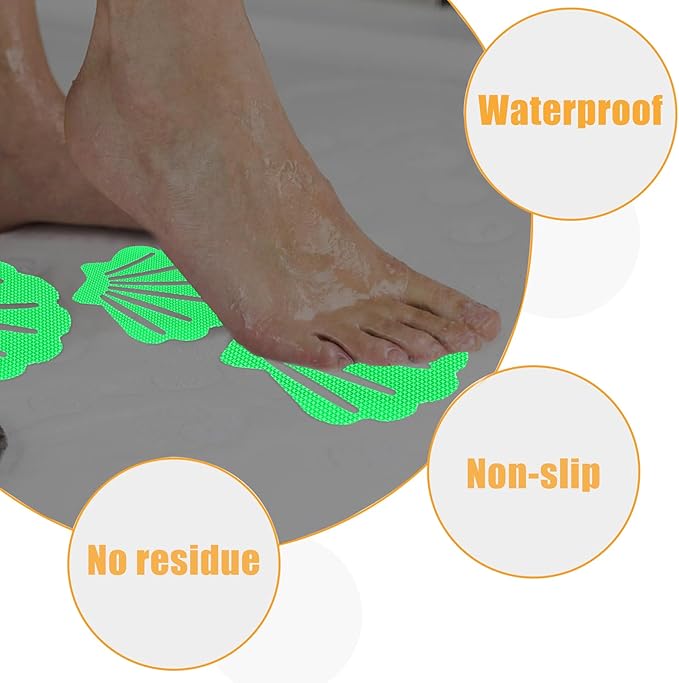 12 Pcs Non Slip Bathtub Stickers Luminous Green Adhesive Decals Sea Shell Shape Shower Stickers for Floor, Ladders, Bath Tub, Stairs, Bathroom