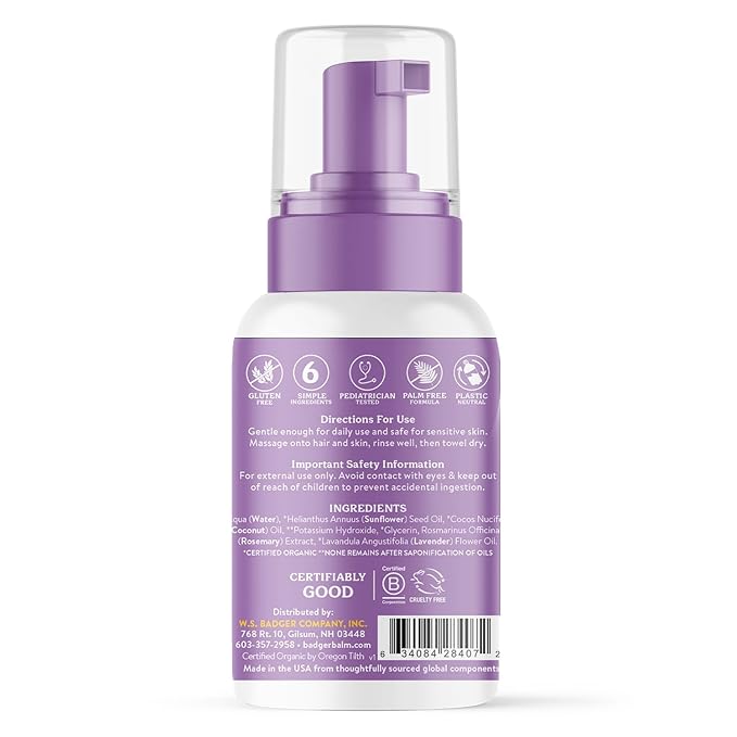 Badger Foaming Baby Shampoo and Body Wash, Gentle Organic Baby Wash w/Mild Calming Scent of Lavender, Long Lasting Foam & Easy to Use Sustainable Bottle, 10 fl oz, 2-Pack