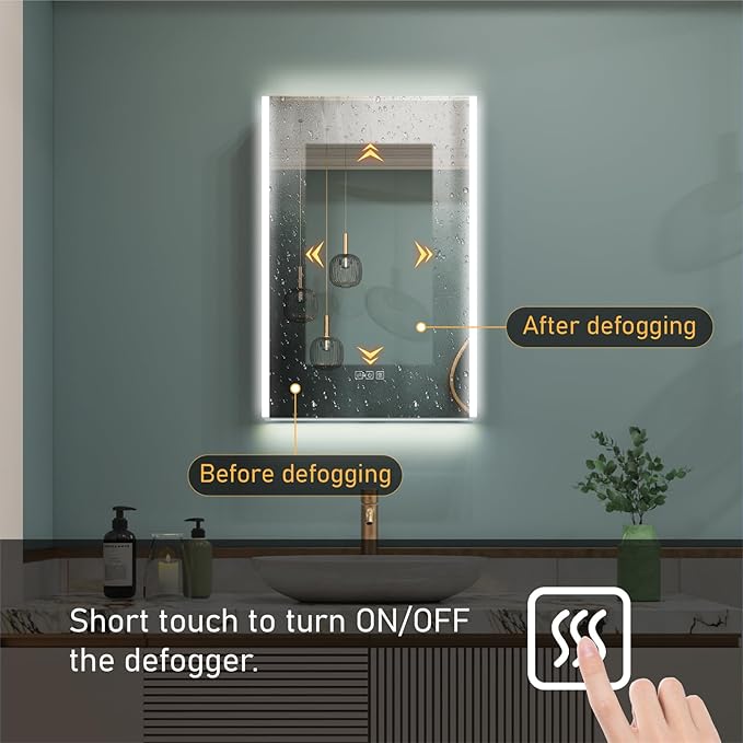 WELLFOR 20" x 30" LED Mirrored Bathroom Cabinet, Mirror Medicine Cabinet with Lights, Defogging LED Mirror Cabinet with Outlets & USB Ports, Surface Mounted, Right Opening Door, Hardwired Connected