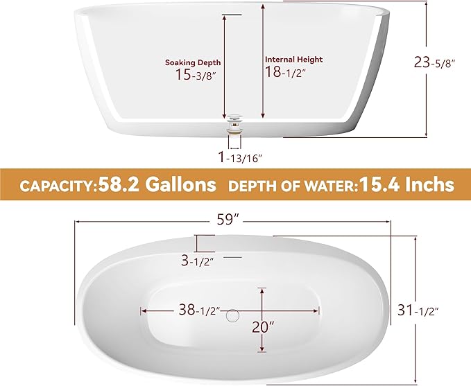 59" Free Standing Tub, Pure Acrylic Freestanding Bathtub, Stylish Stand Alone Contemporary Deep Soaking Bath Tub, cUPC Certified SY5850 (Glossy White)