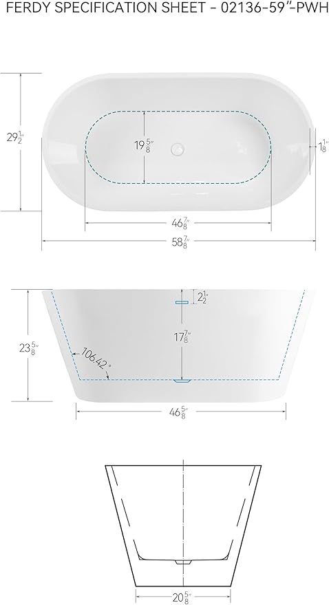 FerdY 59" Shangri-La Elite, Acrylic Freestanding Bathtub, Modern & Contemporary Design Soaking Tub with Polished White Pop-Up Drain and Minimalist Design Overflow, Glossy White, cUPC Certified