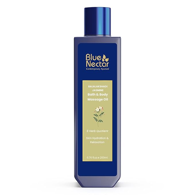 Blue Nectar Sensuous Jasmine Body Massage Oil for Relaxing Massage Therapy with Essential Oils | 100% Natural Ingredients (8 Herbs, 6.76 fl oz)