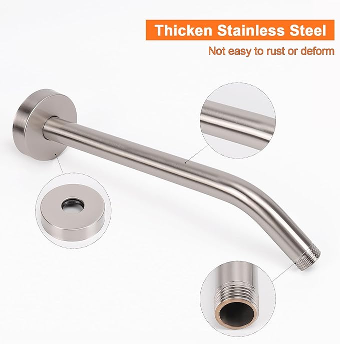 HarJue Shower Arm with Flange and Teflon Tape, Wall Mounted Shower Pipe 304 Stainless Steel Extension Arm for Fixed Shower Head & Handheld (12 Inches, Brushed Nickel)