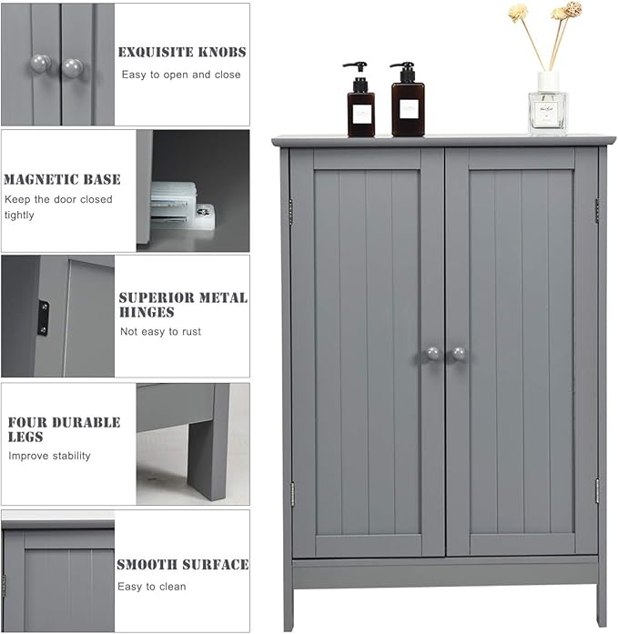 Tangkula Freestanding Storage Cabinet with Double Doors and Shelf, Modern Home Furniture, Wooden Organizer for Living Room and Bathroom, Grey