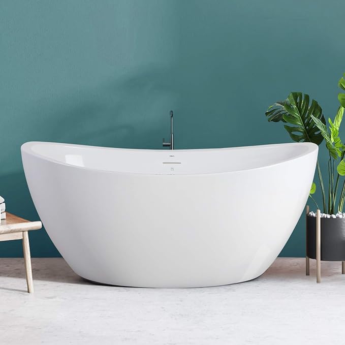 FerdY Naha 59" Acrylic Freestanding Bathtub, Curve Edge Freestanding Soaking Bathtub, Glossy White, cUPC Certified, Brushed Nickel Drain & Minimalist Linear Design Overflow Included, 02588