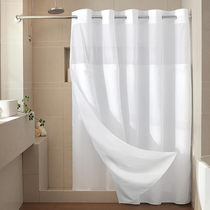 River Dream Heavyweight No Hooks Required Dotted Waffle Weave Shower Curtain with Snap in Liner，Bathroom Curtains Shower Set - 71W x 74H,Hotel Grade,Spa Like Bath Curtain,White