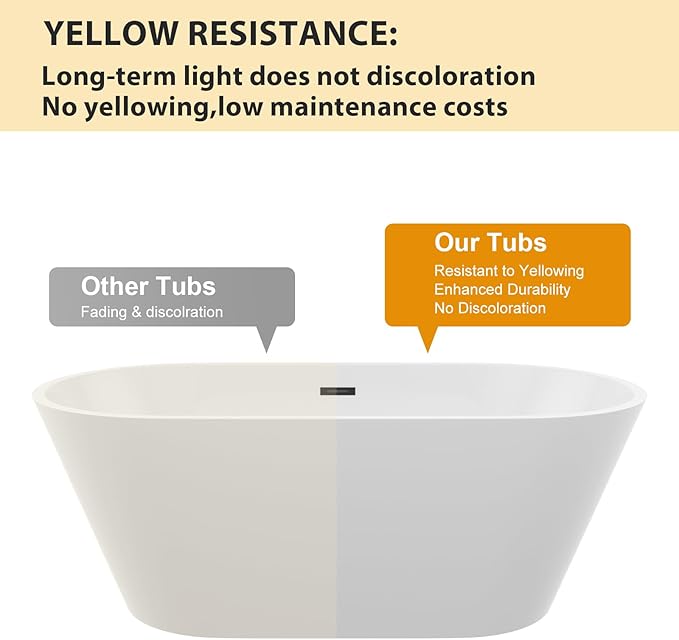 Logmey 59 Inch White Acrylic Freestanding Bathtub Oval Shape Soaking Tub with Black Drain & Overflow Assembly for Classic and Modern Bathrooms