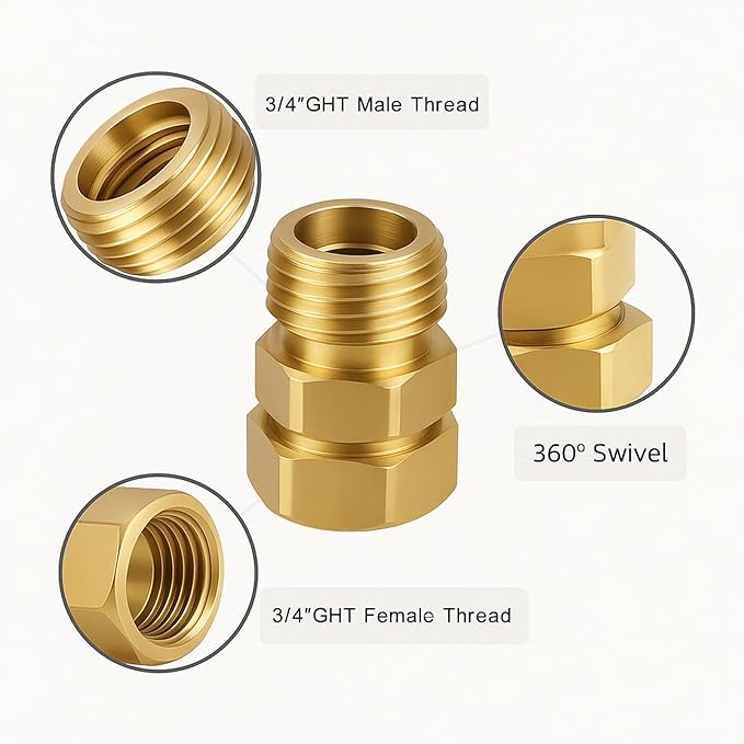 2 Pack Garden Hose Swivel Connector, 3/4" GHT Brass Swivel Hose Connector, 360° Male to Female Hose Adapter, Anti-Kink Garden Hose Fittings, No-Leak Design with Washer and PTFE Tape