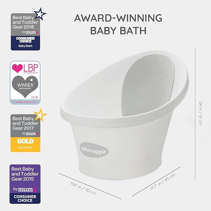 Shnuggle Newborn Bath Essentials Bundle | Baby Bath with Support Bump and Soft Backrest & Rinse Jug | Safe, Gentle, and Stylish Bathtime Set for Babies & Toddlers | White/Grey
