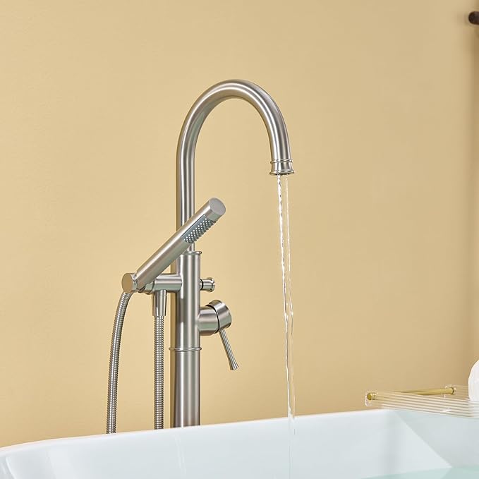 Free Standing Tub Faucet Brushed Nickel Freestanding Bathtub Faucet Floor Mount Brass Bathroom Tub Filler with Hand Shower