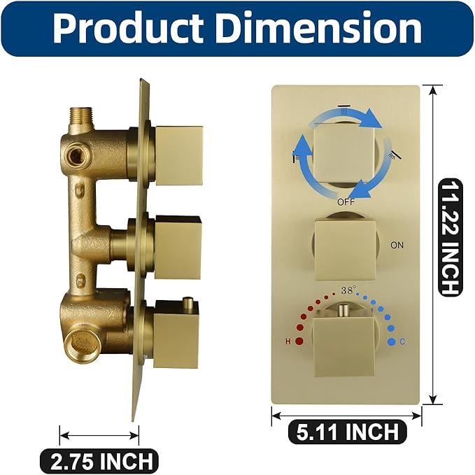 HOMEDEC 3 Way Shower Diverter Valve, Water Diverter with Temperature Control, Shower Mixing Valve with 3 Square Knobs, Brushed Gold