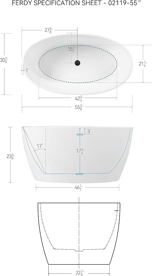 FerdY Tahiti 55" Acrylic Freestanding Bathtub, Elegant Oval Shape Soaking Bathtub, Glossy White, Matte Black Drain & Integrated Slotted Overflow Assembly Included cUPC Certified
