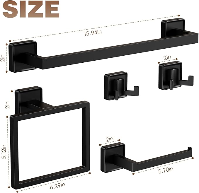 5-Pieces Matte Black Bathroom Hardware Accessories Set, SUS304 Stainless Steel Bath Towel Bar Set, 15.6 Inch Bath Towel Bar Set，Towel Racks for Bathroom Wall Mounted.