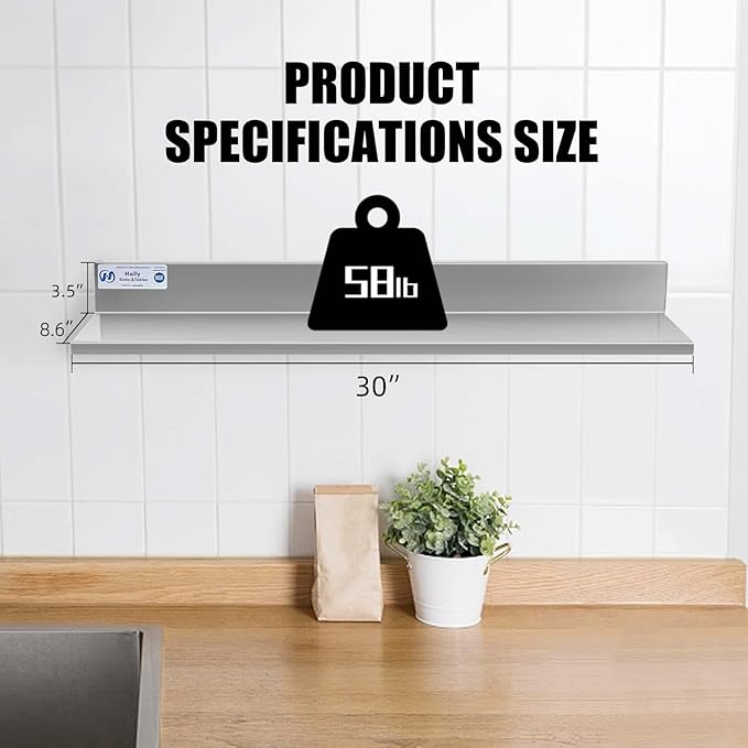 Hally Stainless Steel Wall Shelf 8.6 x 30 Inches 58 lb, NSF Commercial Heavy Duty Wall Mount Floating Shelving for Restaurant, Kitchen, Home, Hotel and Bar, 2 Pack