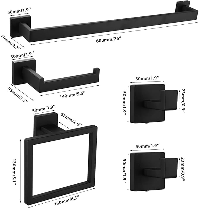 Matte Black Bathroom Accessories Set, 22.2 Inch Bath Towel Bar Set, Stainless Steel Bathroom Hardware Set, Towel Racks for Bathroom Wall Mounted