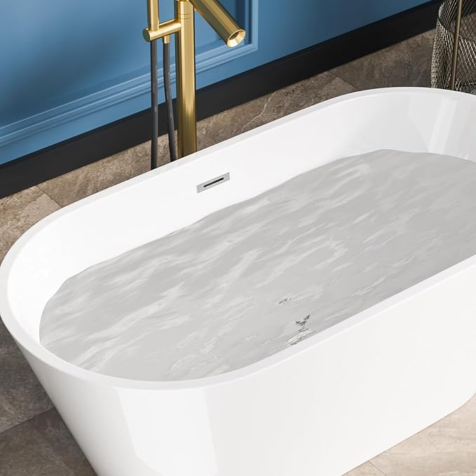 Sarlai 59 Inch Acrylic Freestanding Soaking Bathtub Contemporary Soaking White Tub Stand Alone Ergonomic Bathtub with Chrome Overflow and Drain