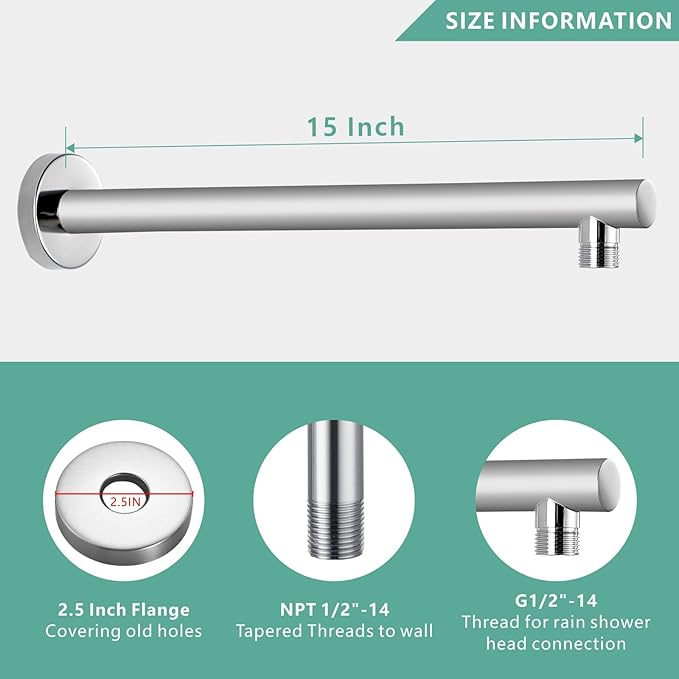 Voolan 15" Round Shower Arm with Flange and Teflon Tape, Extension Shower Head Arm for Bathroom Fixed Shower Head, Solid Stainless Steel, Wall Mounted (Chrome)
