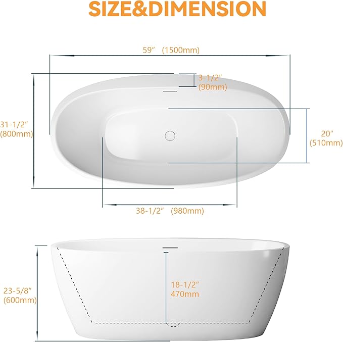 59" Acrylic Freestanding Bathtub, Tap Deck Bathtub, Stand Alone Tub, Soaking Tub with Integrated Overflow and Drain, cUPC Certified