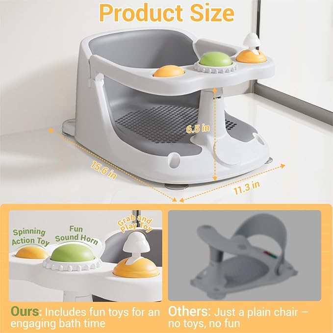 Baby Bath Seat for Babies 6 Months & Up, Bath Seats for Babies Sitting Up, Non-Slip, Comfortable Infant & Toddler Bath Seat for Newborns, Grey Baby Bath Chair