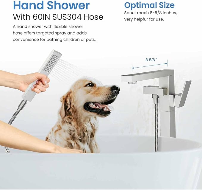 KIBI Cube Brushed Nickel Freestanding Bathtub Faucet ‑ Floor‑Mounted Brass Tub Filler | Single‑Handle Bathroom Faucets with Hand Shower, Ceramic Cartridge & Stainless Steel Hose (KTF302BG)