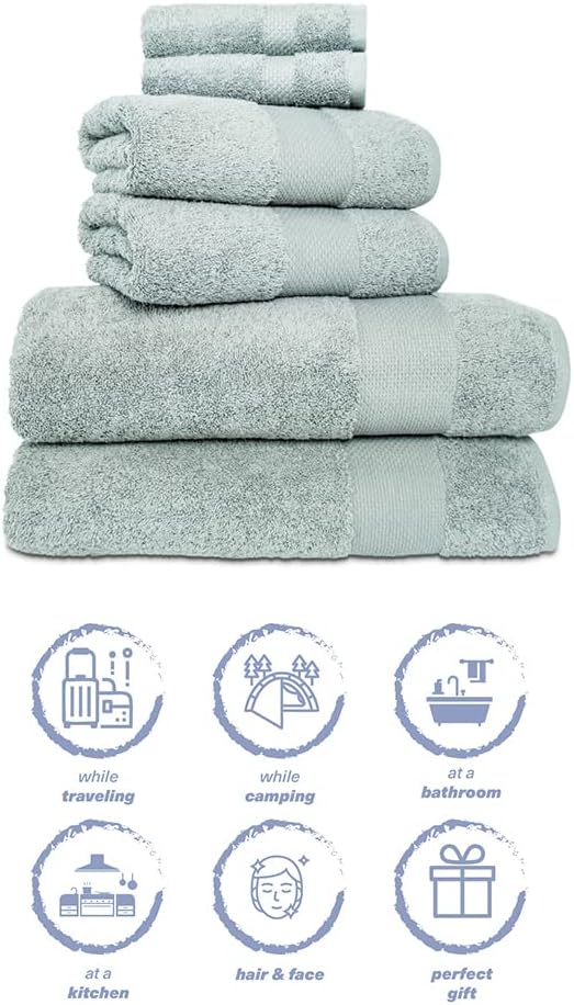 Hencely 6-Piece Bath Towel Set - High Absorbency, Quick Drying - 100% Soft Turkish Cotton - 2 Bath Towels, 2 Hand Towels, 2 Washcloths - for Bathroom, Home, Hotel, Spa, and Gym - 6-Pack Light Green