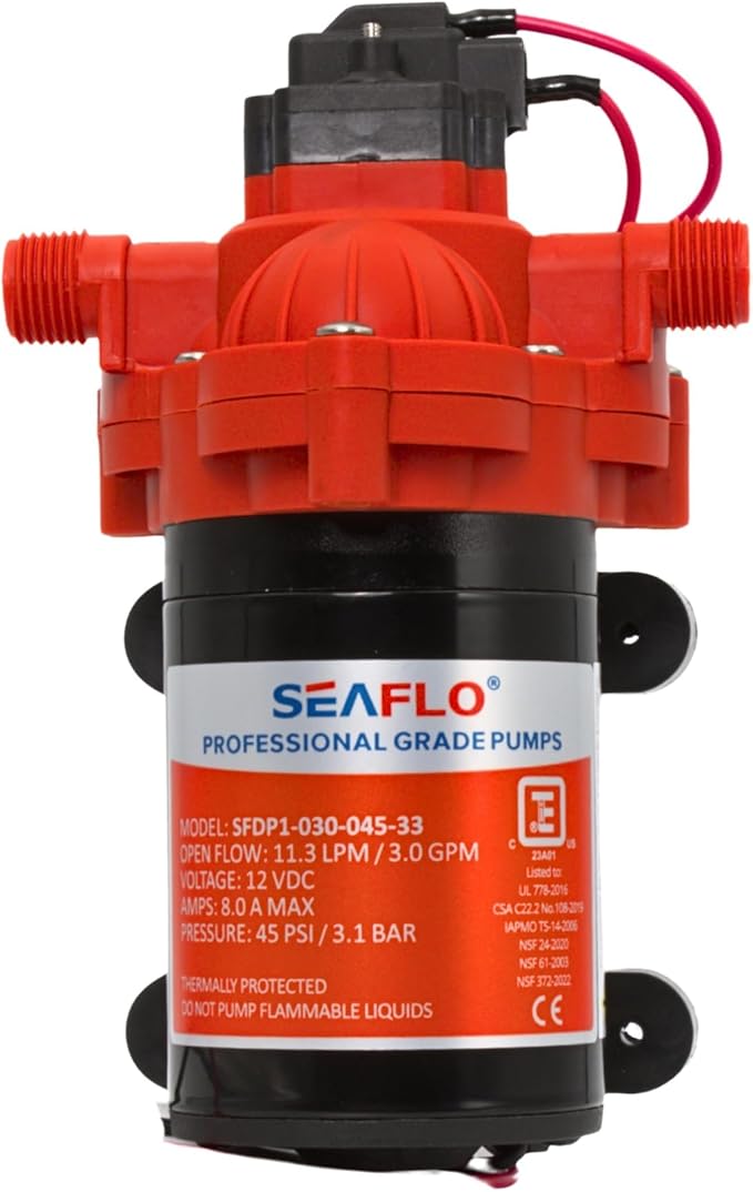 SEAFLO 33 Series 12V DC RV/Camper/Boat/Off-Grid Fresh Water Pressure Pump –12V, 3.0 GPM, 45 PSI, On Demand Self-Priming, Built-In Pressure Switch - NSF, CE & Rohs Certified, UL Listed, 4-Year Warranty