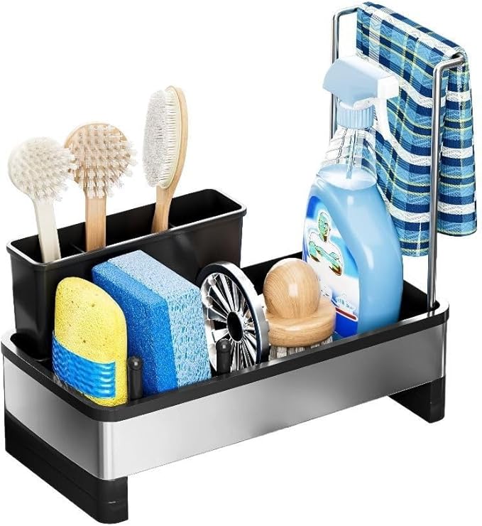 Stainless Steel Sink Caddy Organizer with Auto-Drain & Removable Brush Holders Rustproof Sponge Holder for Kitchen Sink, Countertop Storage for Soap Dispenser,Dishcloth & Kitchen Accessories