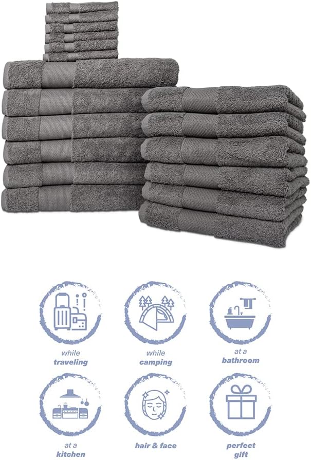 Hencely 18-Piece Bath Towel Set - High Absorbency, Quick Drying - 100% Soft Turkish Cotton - 6 Bath Towels, 6 Hand Towels, 6 Washcloths - Bathroom, Home, Hotel, Spa, and Gym - 18-Pack Gray