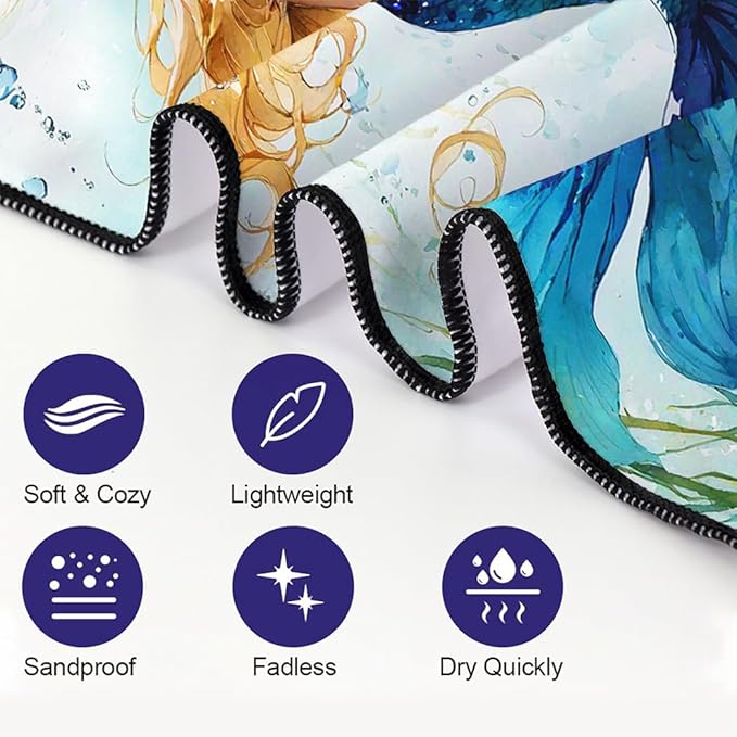 Blue-Green Scallop Mermaid Tail Beach Towel 36"x72" Golden Highlights Quick Dry Microfiber Swim Gear