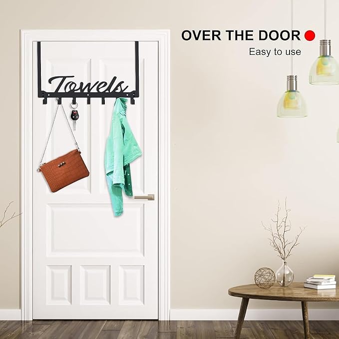Over The Door Hooks - Heavy Duty Towel Rack with 6 Hooks for Bedroom, Bathroom, Kitchen - Holds Towels, Bags, Coats, Hats - Black