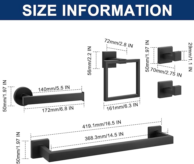 NearMoon 5 Pieces Bathroom Hardware Set 304 Stainless Steel - Square Towel Rack Set Include 16" Towel Rod + Towel Ring + Toilet Paper Holder + 2 Robe Towel Hooks Bathroom Accessories (Matte Black)