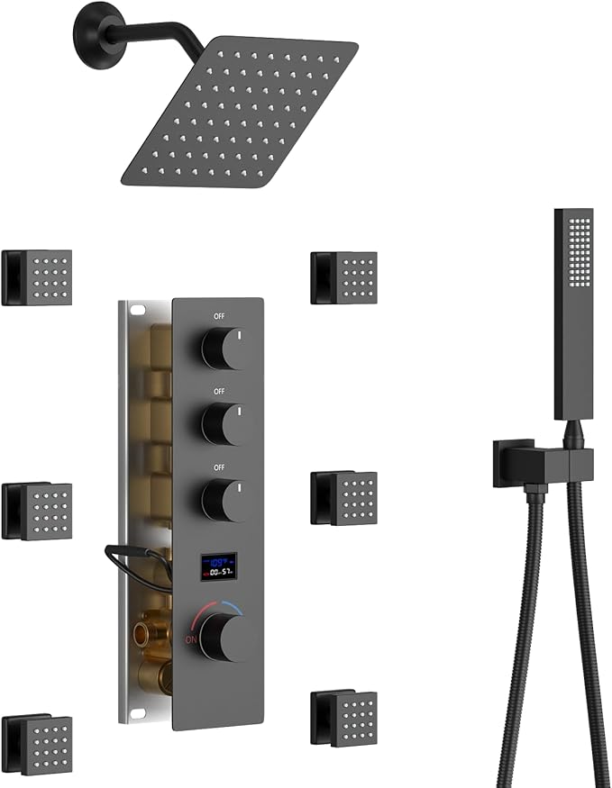 Matte Black Shower System with 6 PCS Body Jet, 8 inch Wall Mount Rain Shower Head and Handheld Shower, Digital Tempreature Display Push Button Shower Faucet Trim Kit
