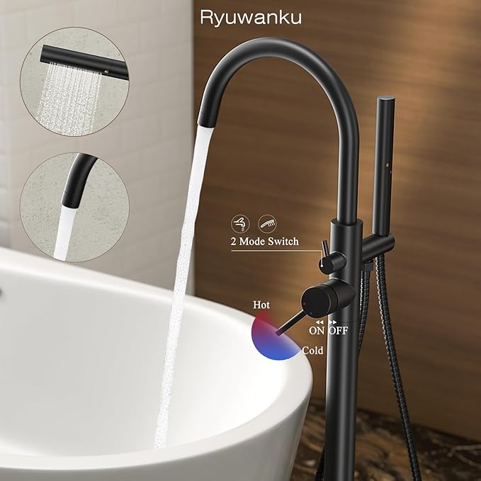 Freestanding Bathtub Faucet Matte Black Tub Filler Floor Mount Free Standing Metal Bathroom Tub Gooseneck Spout With 2 Function Hand Shower