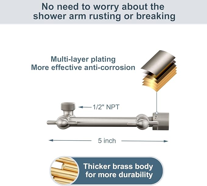 BRIGHT SHOWERS Brass Shower Arm Extender for Rain and Handheld Shower Head, 5 Inch Universal Shower Head Extension Arm, Height & Angle Adjustable, Brushed Nickel