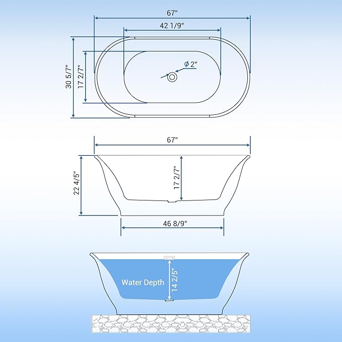 67 Inch Acrylic Freestanding Bathtub, Bathtub with Matte Drain and Overflow, Modern Square Tub, Deep Ergonomic Design, cUPC Certified, Double-Walled Insulation, Easy Install and Safe Use, White